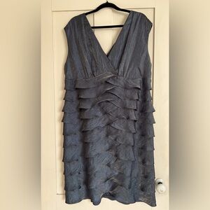 dressbarn 18W iridescent silvery-blue dress w/flattering tiered ruffles, v-neck